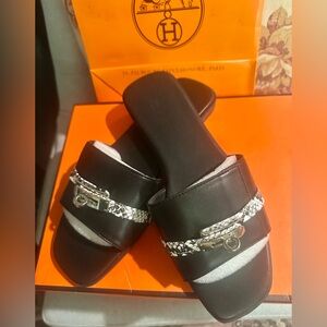 Hermes Black and White Slide Sandals